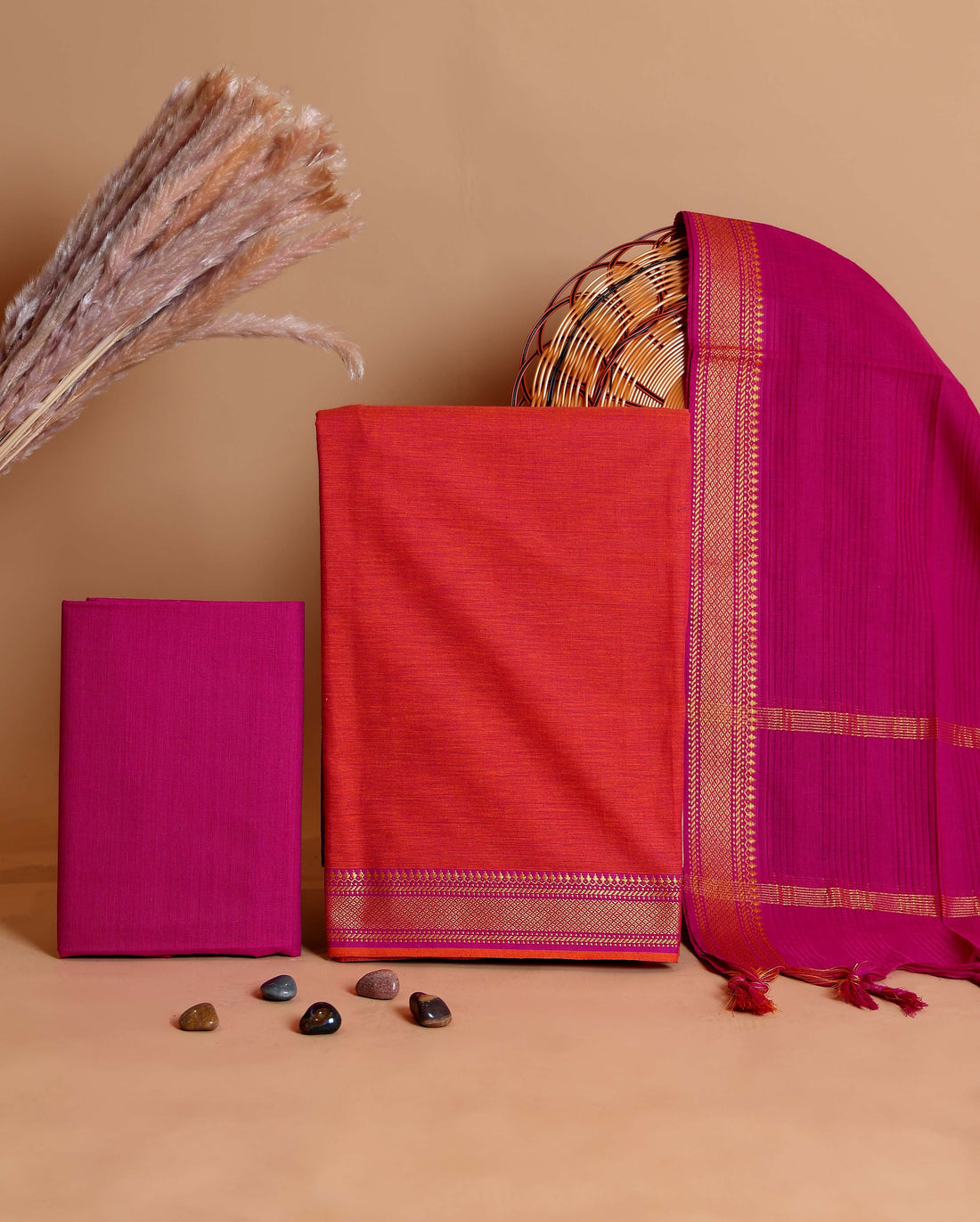 Women's Unstitched Cotton Salwar Suit Material with Woven Zari Border and Contrast Dupatta - Red