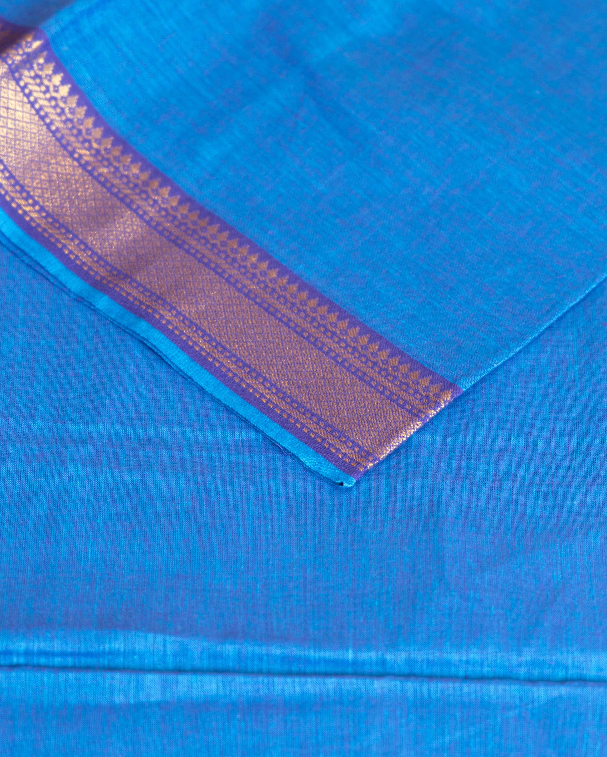 Women's Unstitched Handloom Cotton Salwar Suit Material with Woven Zari Border and Contrast Dupatta - Blue