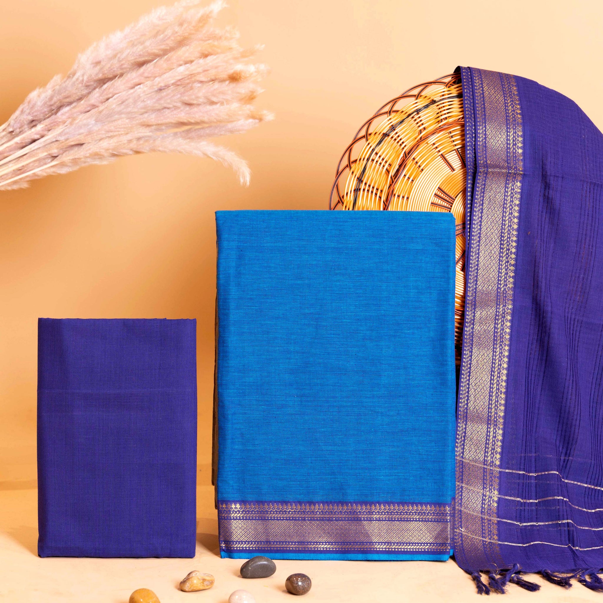 Women's Unstitched Handloom Cotton Salwar Suit Material with Woven Zari Border and Contrast Dupatta - Blue