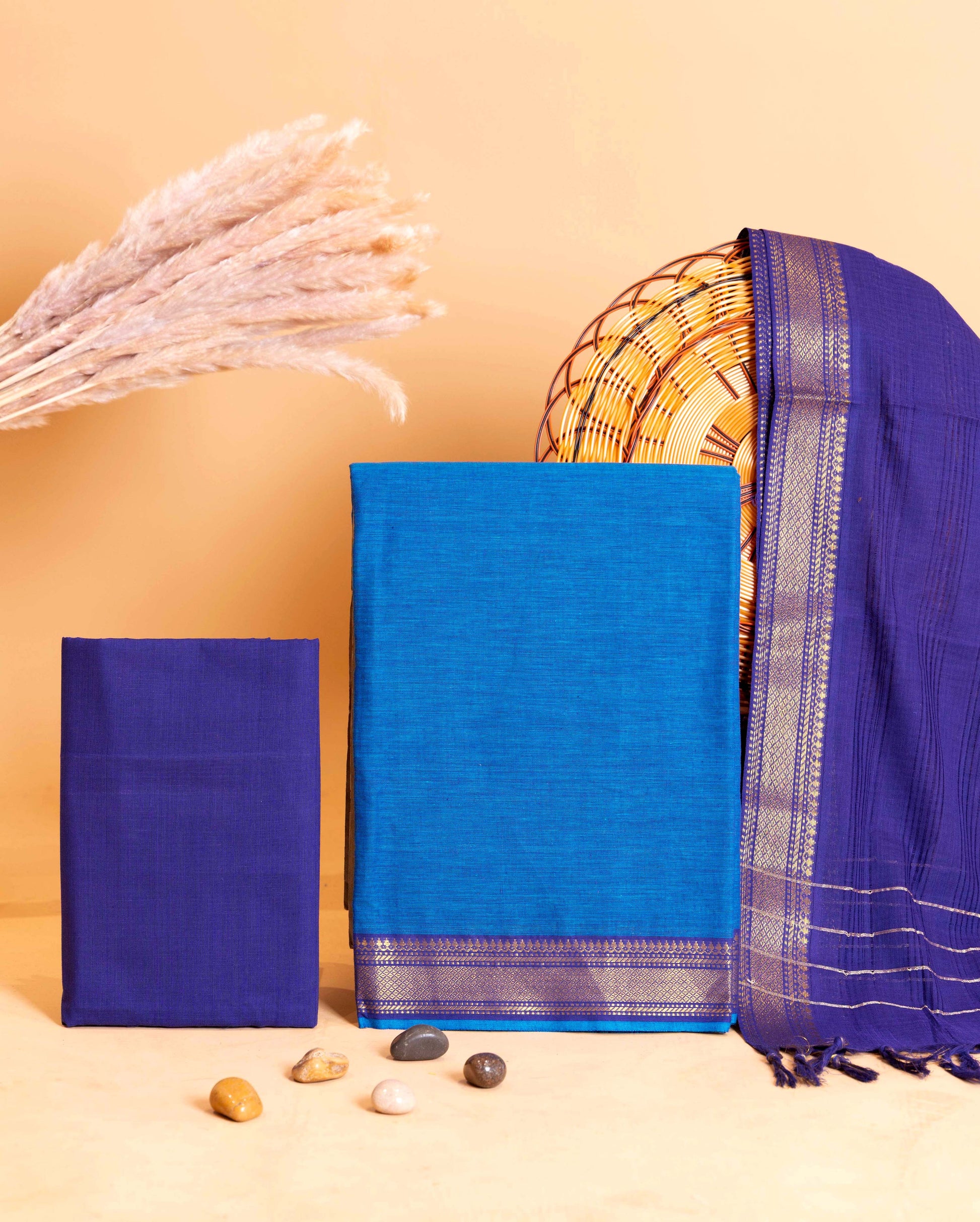 Women's Unstitched Handloom Cotton Salwar Suit Material with Woven Zari Border and Contrast Dupatta - Blue