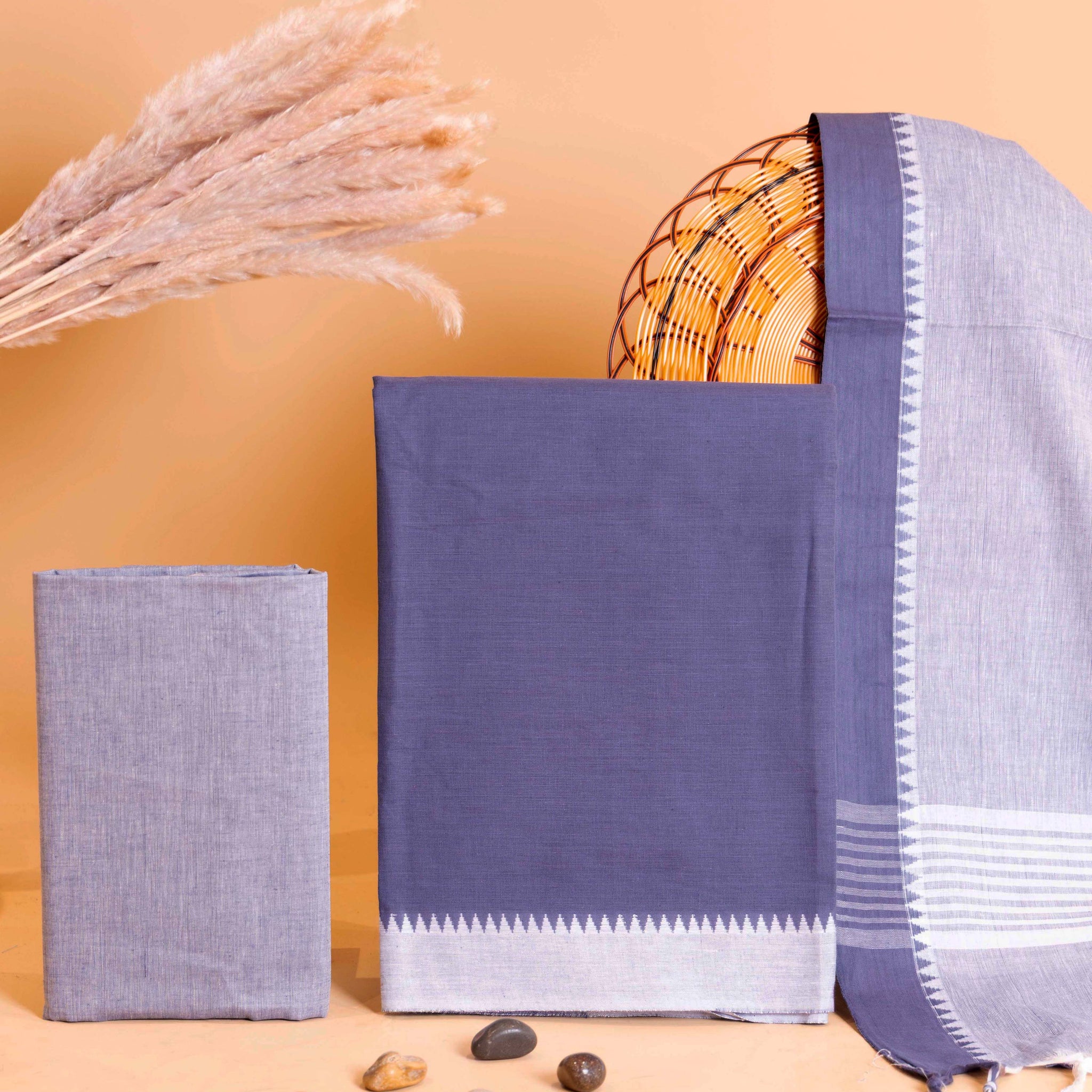 Women's Unstitched Handloom Cotton Salwar Suit Material with Woven Zari Border and Contrast Dupatta - Grey