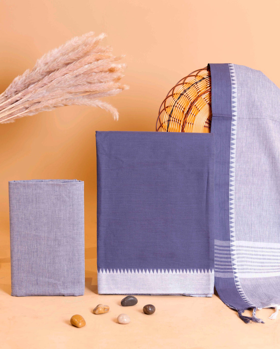 Women's Unstitched Handloom Cotton Salwar Suit Material with Woven Zari Border and Contrast Dupatta - Grey