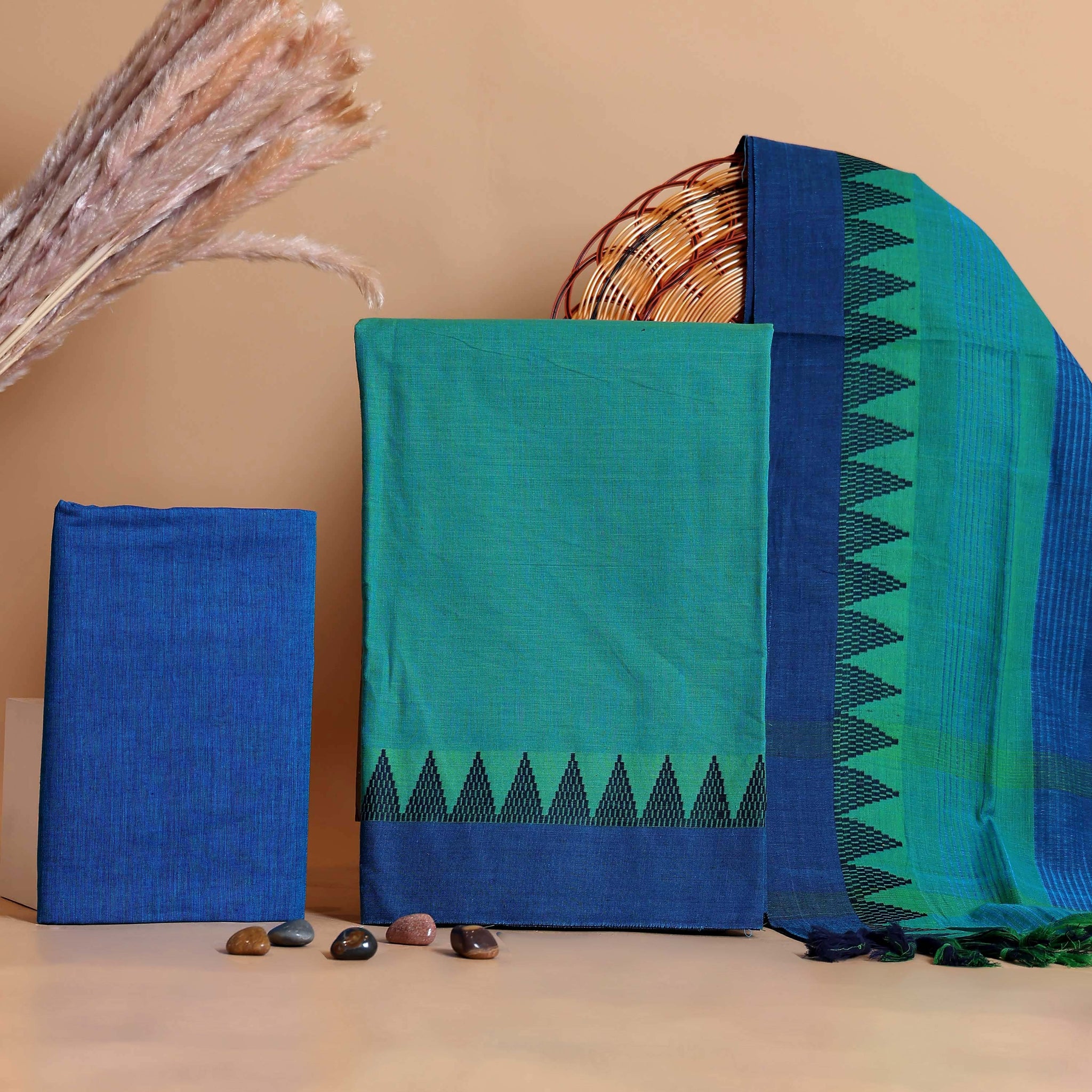 Women's Unstitched Salwar Suit Material with Woven Body Design and Contrast Dupatta - Green