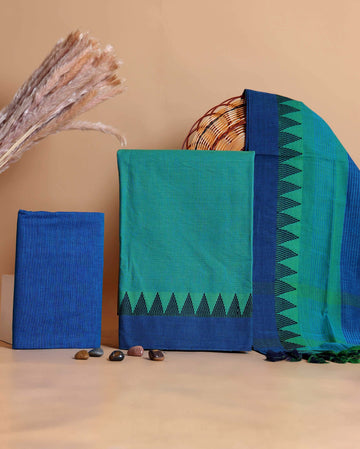 Women's Unstitched Salwar Suit Material with Woven Body Design and Contrast Dupatta - Green