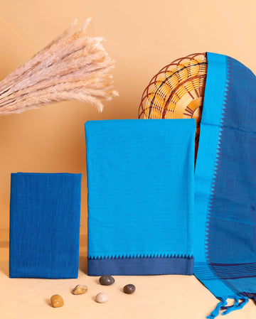 Women's Unstitched Salwar Suit Set with Woven Border and Matching Dupatta - Blue