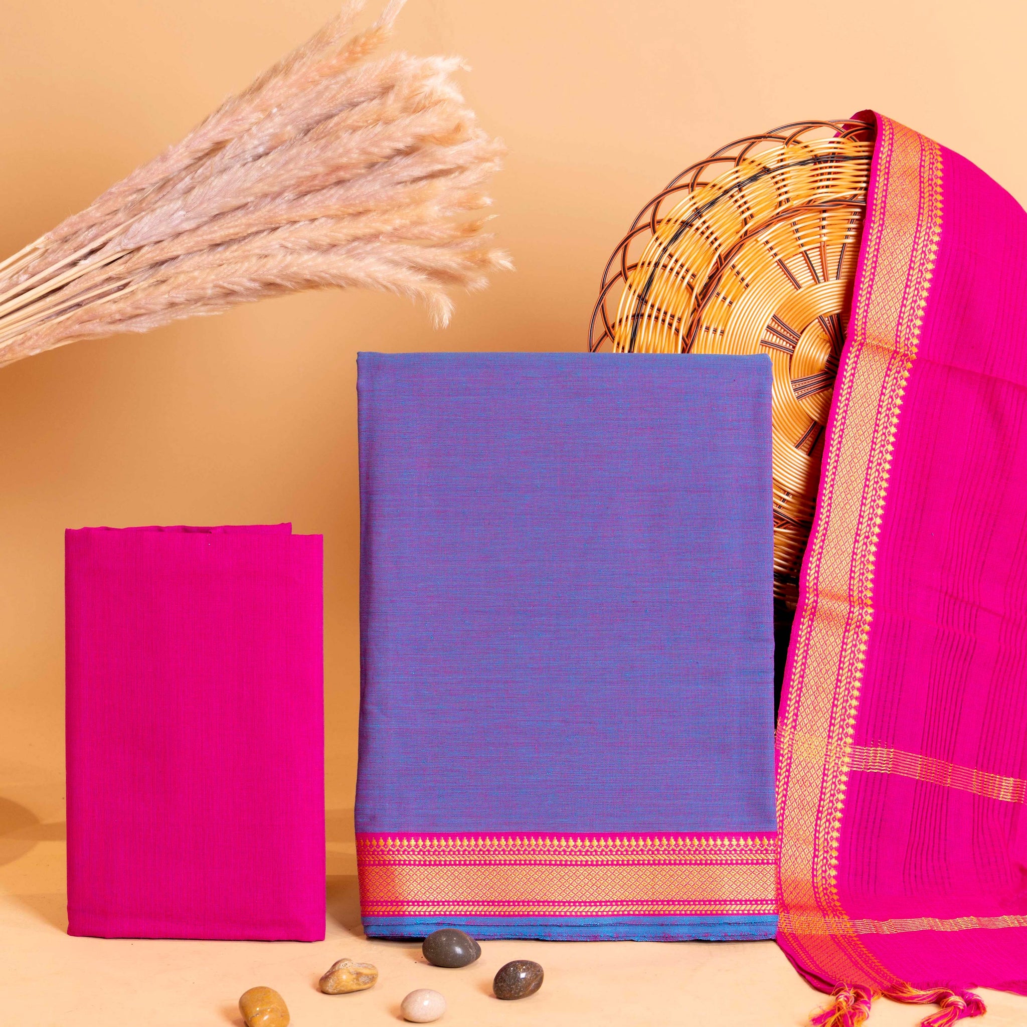 Women's Unstitched Salwar Suit Set with Woven Border and Matching Dupatta - Purple