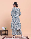 Womens Floral Printed A-Line Kurta and Palazzo Set with V-Neck and 3/4 Sleeves - Blue
