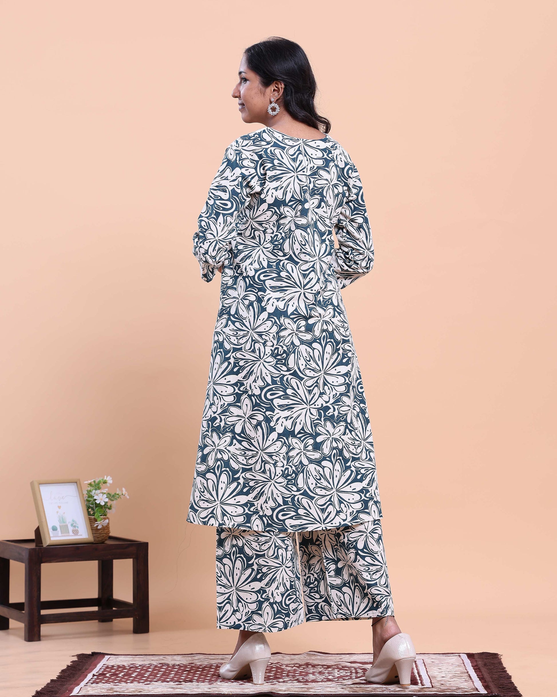 Womens Floral Printed A-Line Kurta and Palazzo Set with V-Neck and 3/4 Sleeves - Blue