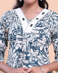 Womens Floral Printed A-Line Kurta and Palazzo Set with V-Neck and 3/4 Sleeves - Blue