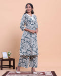 Womens Floral Printed A-Line Kurta and Palazzo Set with V-Neck and 3/4 Sleeves - Blue