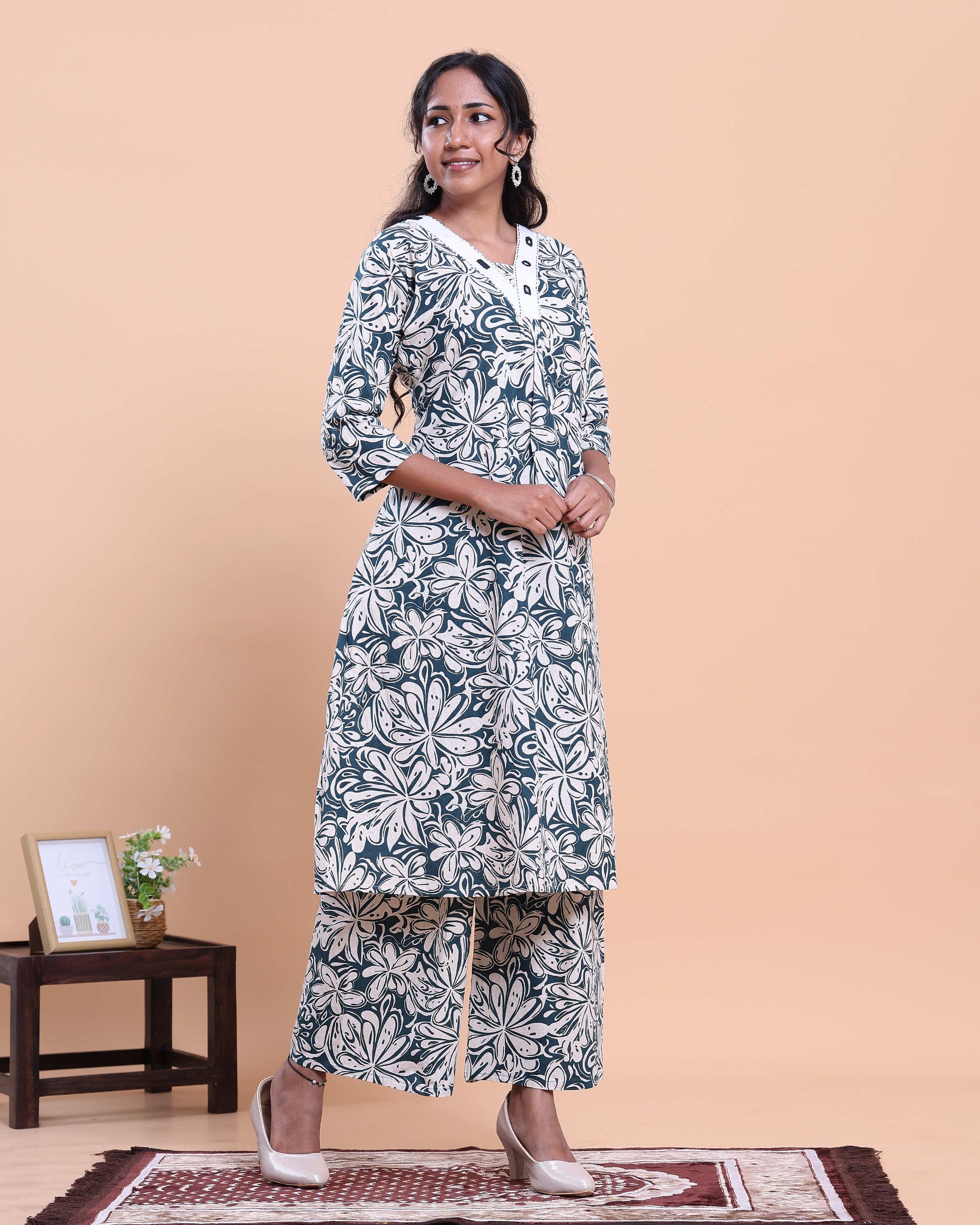 Womens Floral Printed A-Line Kurta and Palazzo Set with V-Neck and 3/4 Sleeves - Blue