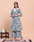 Womens Floral Printed A-Line Kurta and Palazzo Set with V-Neck and 3/4 Sleeves - Blue