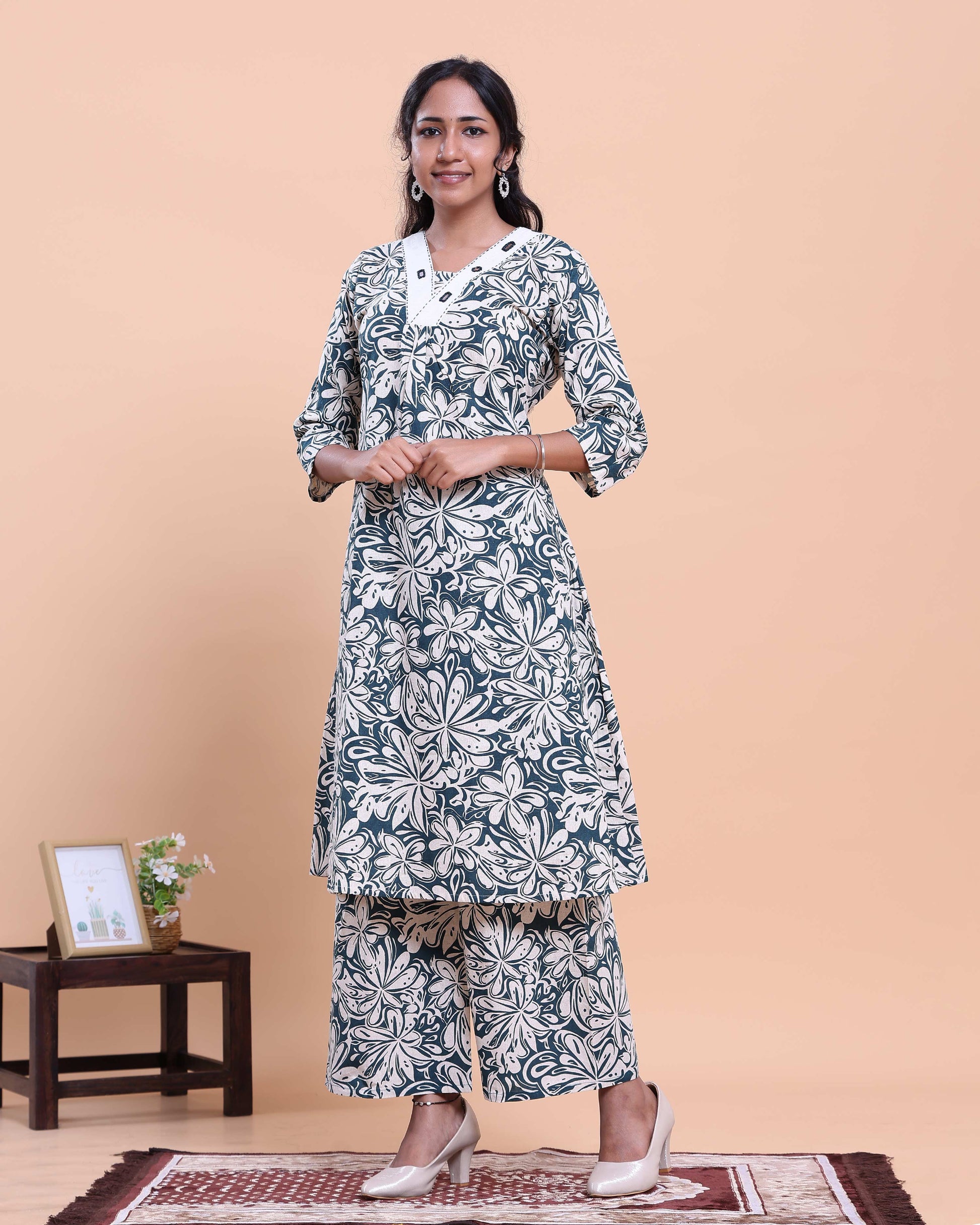 Womens Floral Printed A-Line Kurta and Palazzo Set with V-Neck and 3/4 Sleeves - Blue