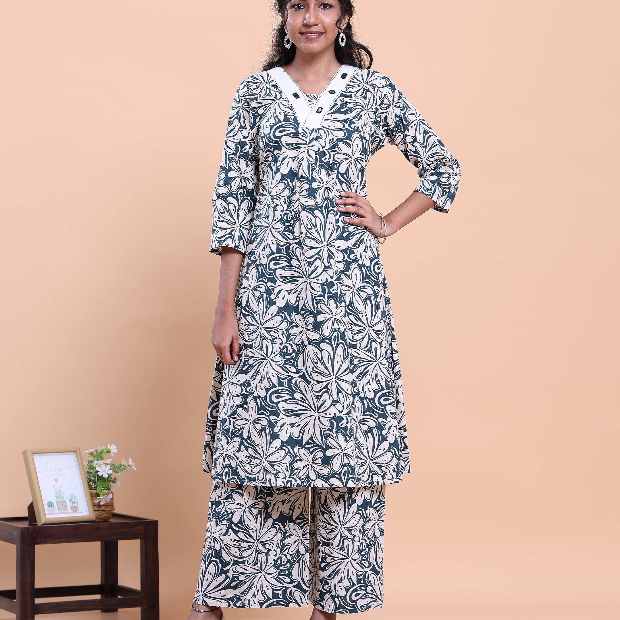 Womens Floral Printed A-Line Kurta and Palazzo Set with V-Neck and 3/4 Sleeves - Blue