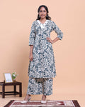 Womens Floral Printed A-Line Kurta and Palazzo Set with V-Neck and 3/4 Sleeves - Blue