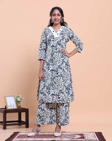 Womens Floral Printed A-Line Kurta and Palazzo Set with V-Neck and 3/4 Sleeves - Blue