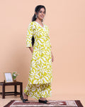 Womens Printed A-Line Kurta and Palazzo Set with V-Neck and 3/4 Sleeves - Green
