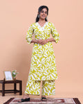 Womens Printed A-Line Kurta and Palazzo Set with V-Neck and 3/4 Sleeves - Green