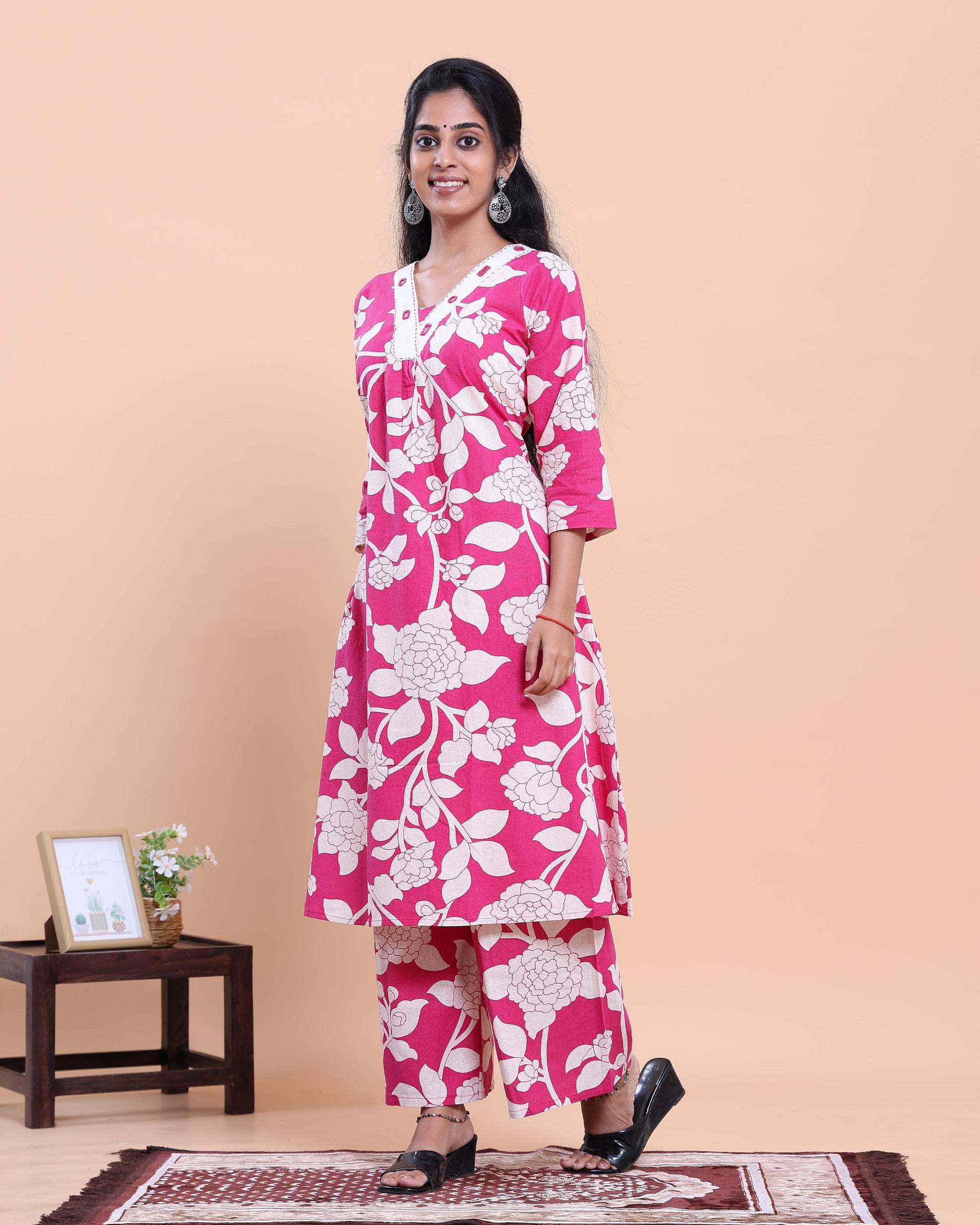 Womens Printed A-Line Kurta and Palazzo Set with V-Neck and 3/4 Sleeves - Pink