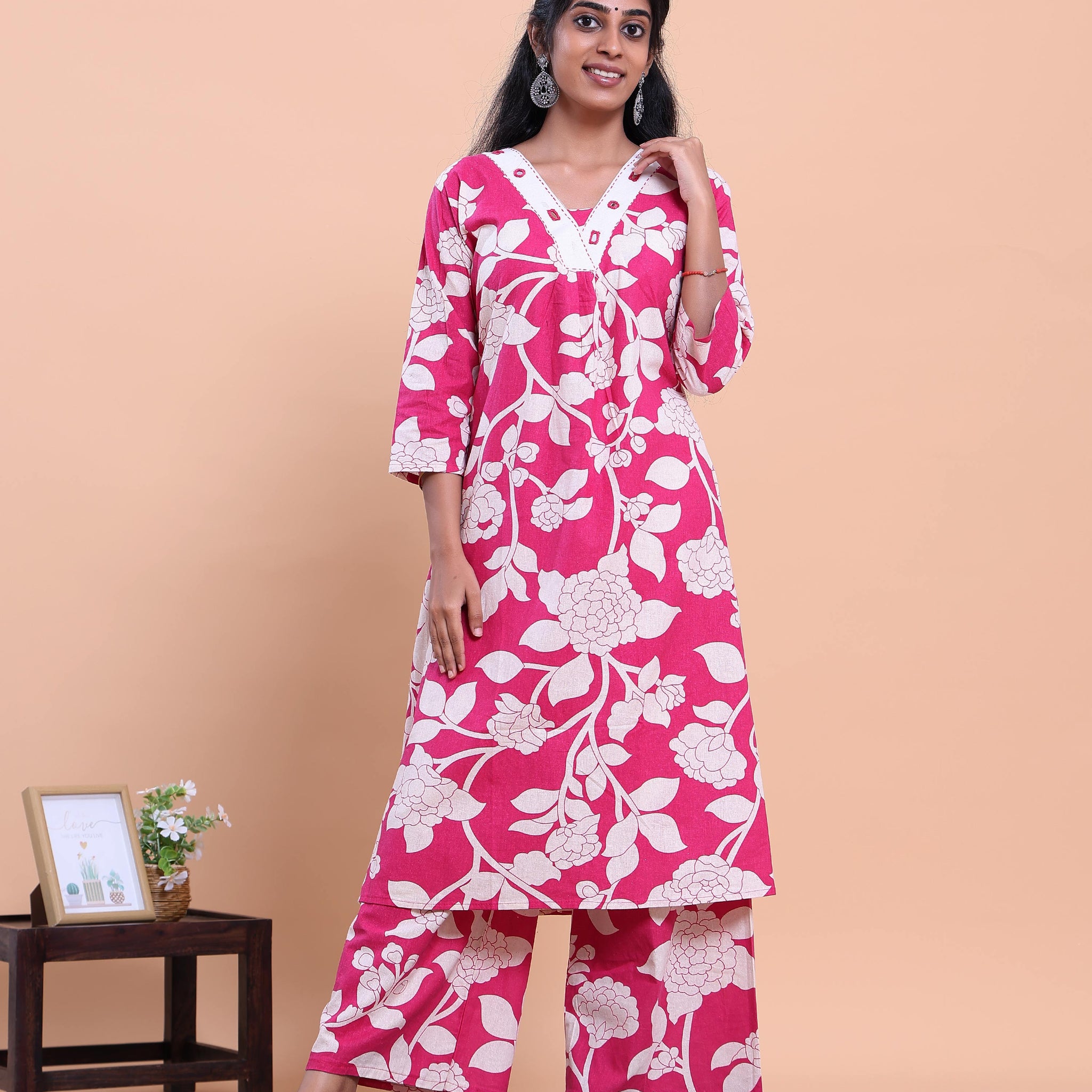Womens Printed A-Line Kurta and Palazzo Set with V-Neck and 3/4 Sleeves - Pink