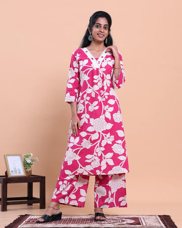 Womens Printed A-Line Kurta and Palazzo Set with V-Neck and 3/4 Sleeves - Pink