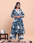 Womens Printed A-Line Kurta and Palazzo Set with V-Neck and 3/4 Sleeves - Teal