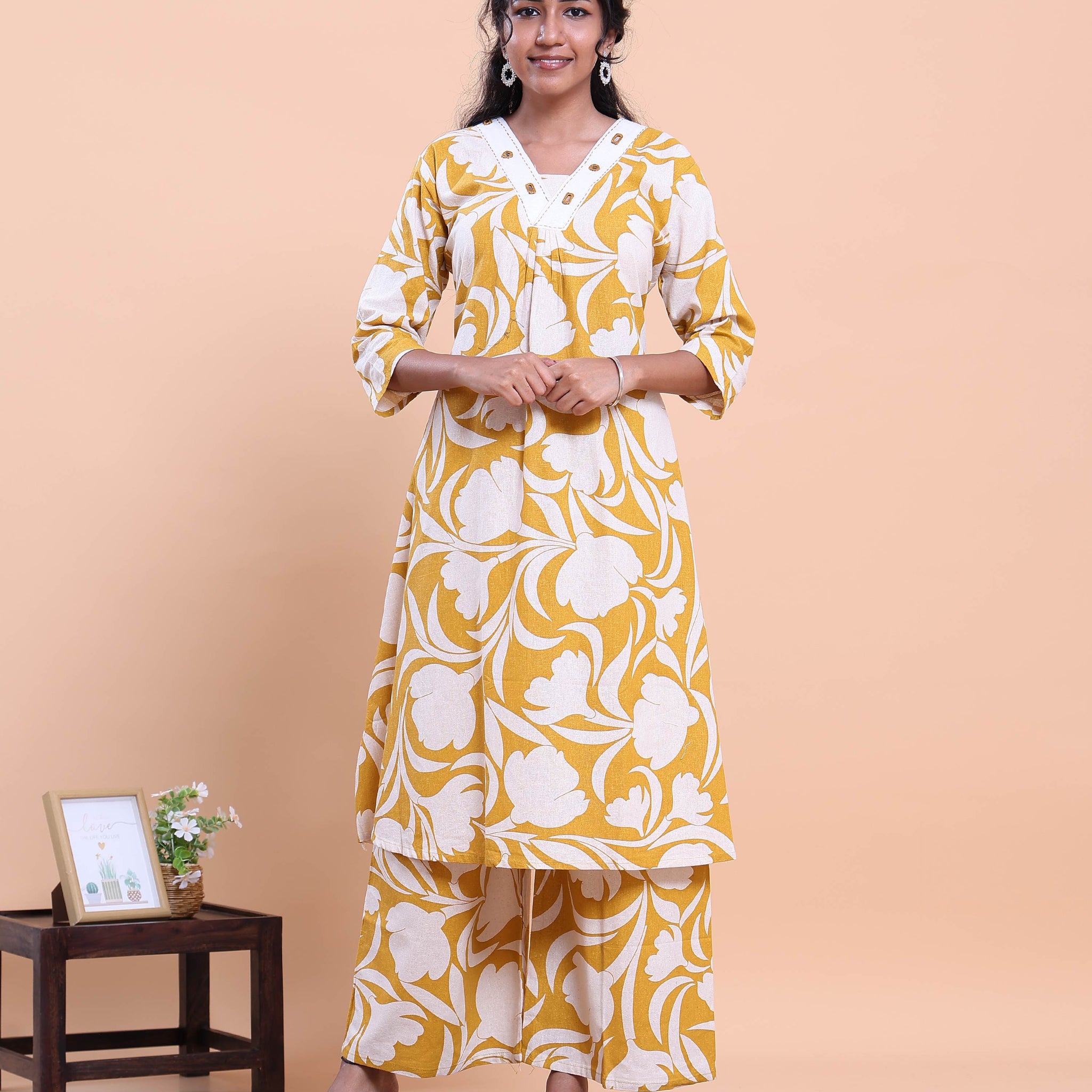 Womens Printed A-Line Kurta and Palazzo Set with V-Neck and 3/4 Sleeves - Yellow