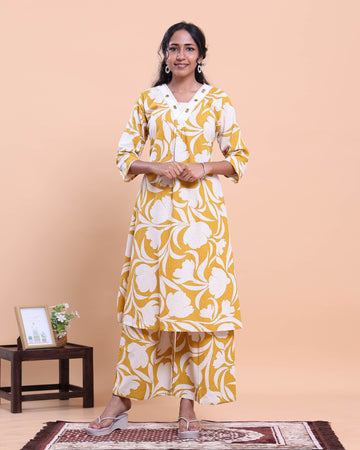 Womens Printed A-Line Kurta and Palazzo Set with V-Neck and 3/4 Sleeves - Yellow