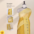 Yellow Bengal Cotton Saree With White Striped Border And Woven Motifs Front Drape View On Mannequin