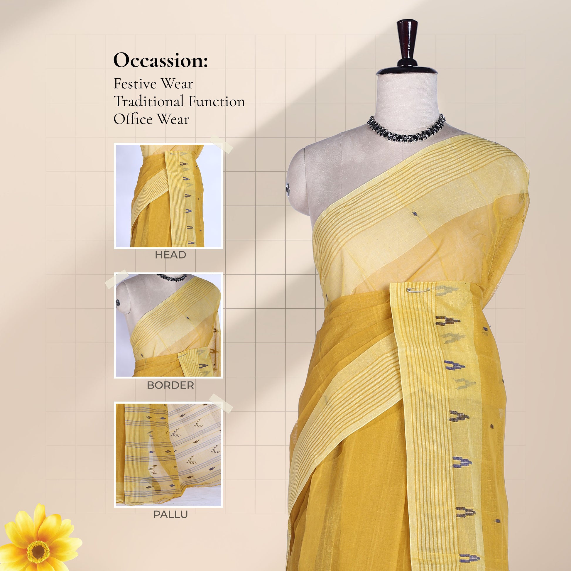 Yellow Bengal Cotton Saree With White Striped Border And Woven Motifs Front Drape View On Mannequin