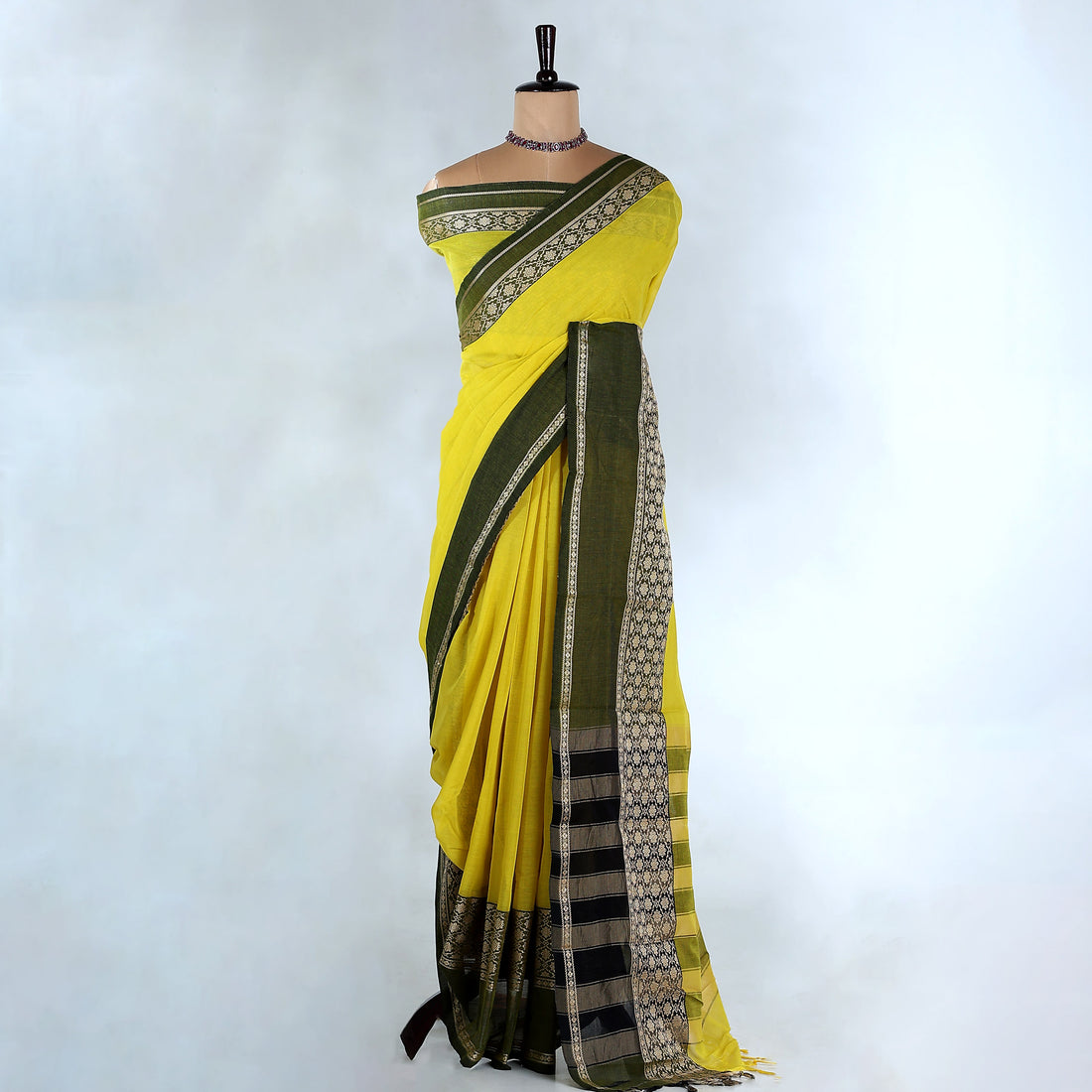 Yellow Mangalagiri Cotton Saree With Black  Zari Border And Woven Pallu - Full View
