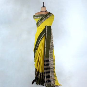 Yellow Mangalagiri Cotton Saree With Black  Zari Border And Woven Pallu - Full View

