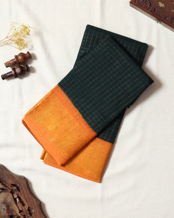 Dark Bottle Green Checked Sungudi Cotton Saree with Bright Orange Contrast and Antique Gold Zari Woven Peacock Border