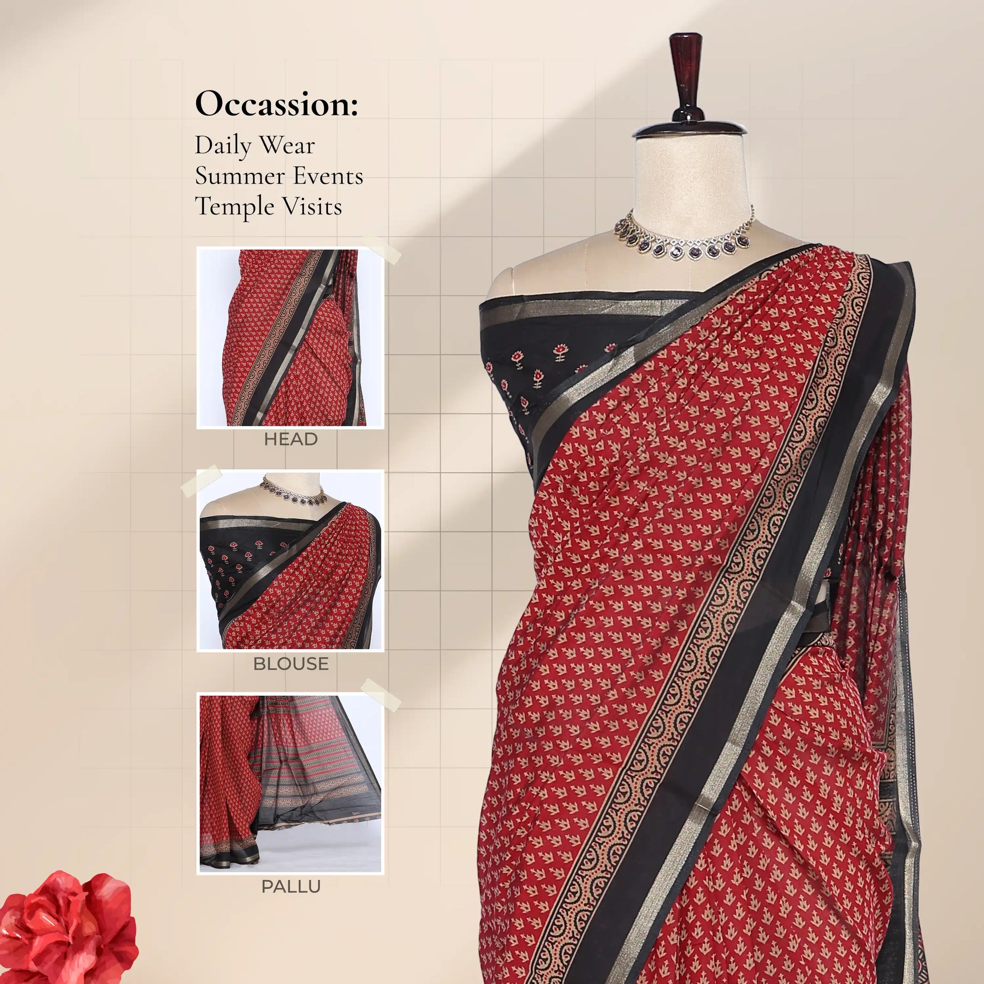 Red Semi Chanderi Saree with Butti Print and Black Zari Border on Mannequin - Front View