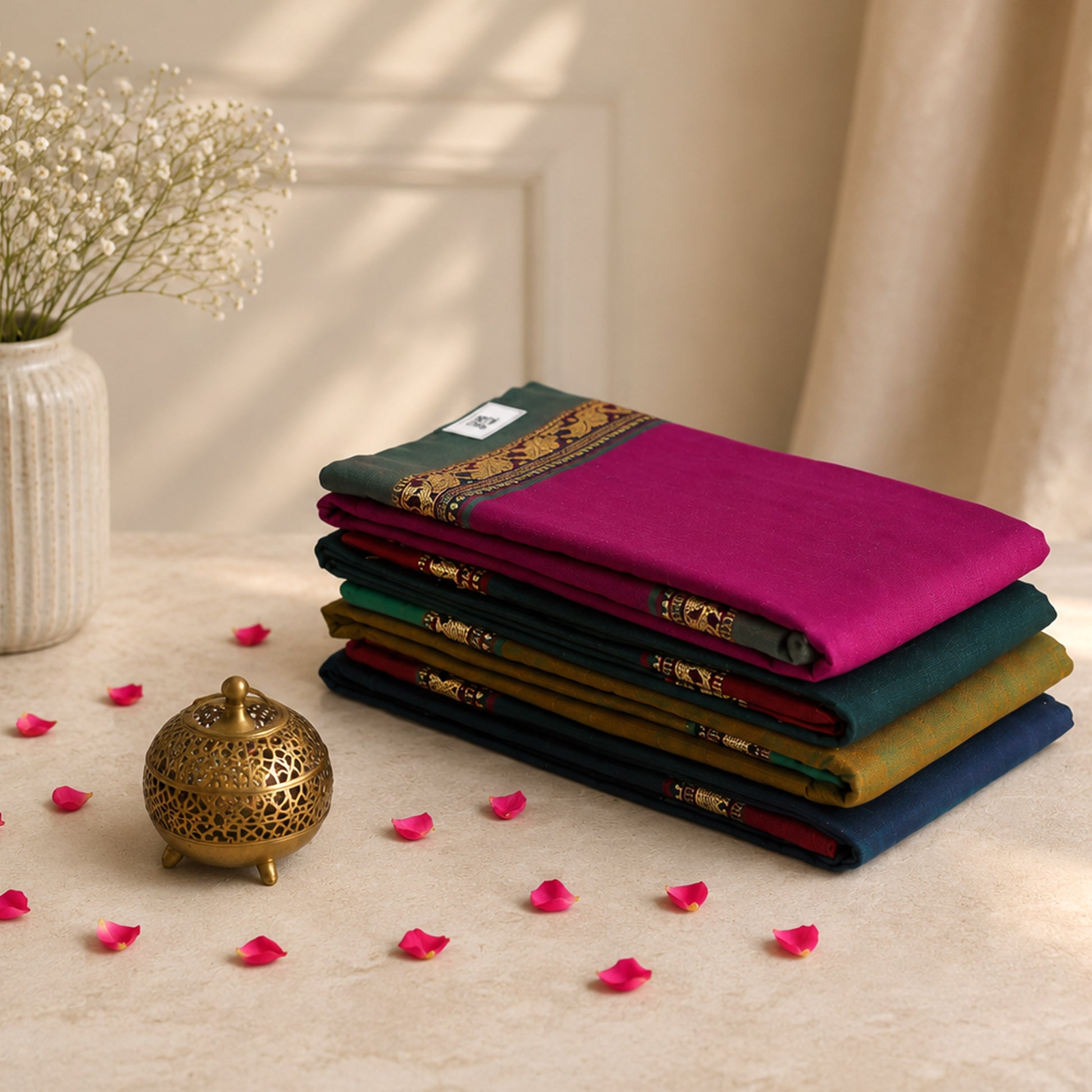 Collection of Mangalagiri cotton sarees with zari borders in assorted colors