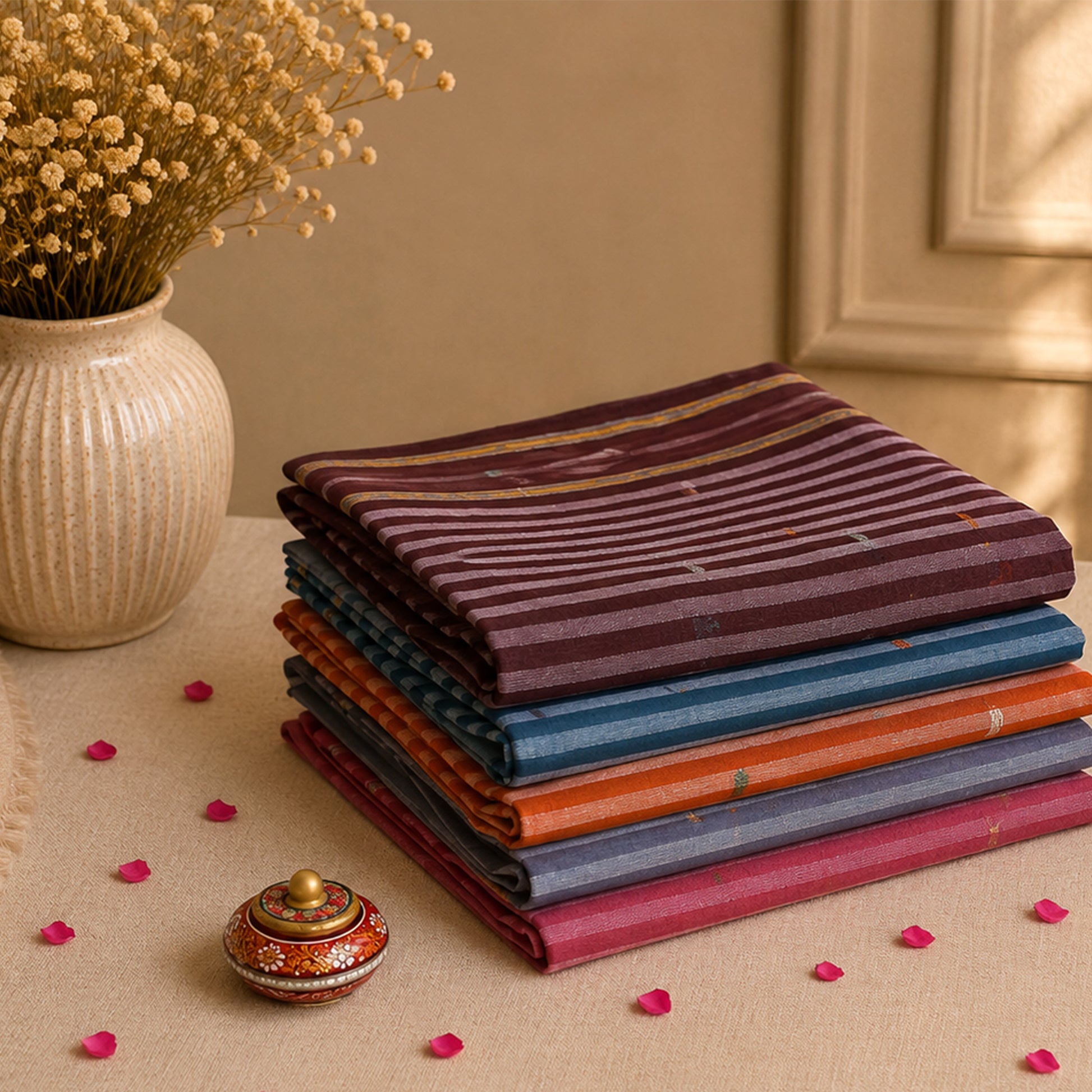 Bengal Cotton Sarees With Striped Pattern And Contrast Borders Folded Collection Display View
