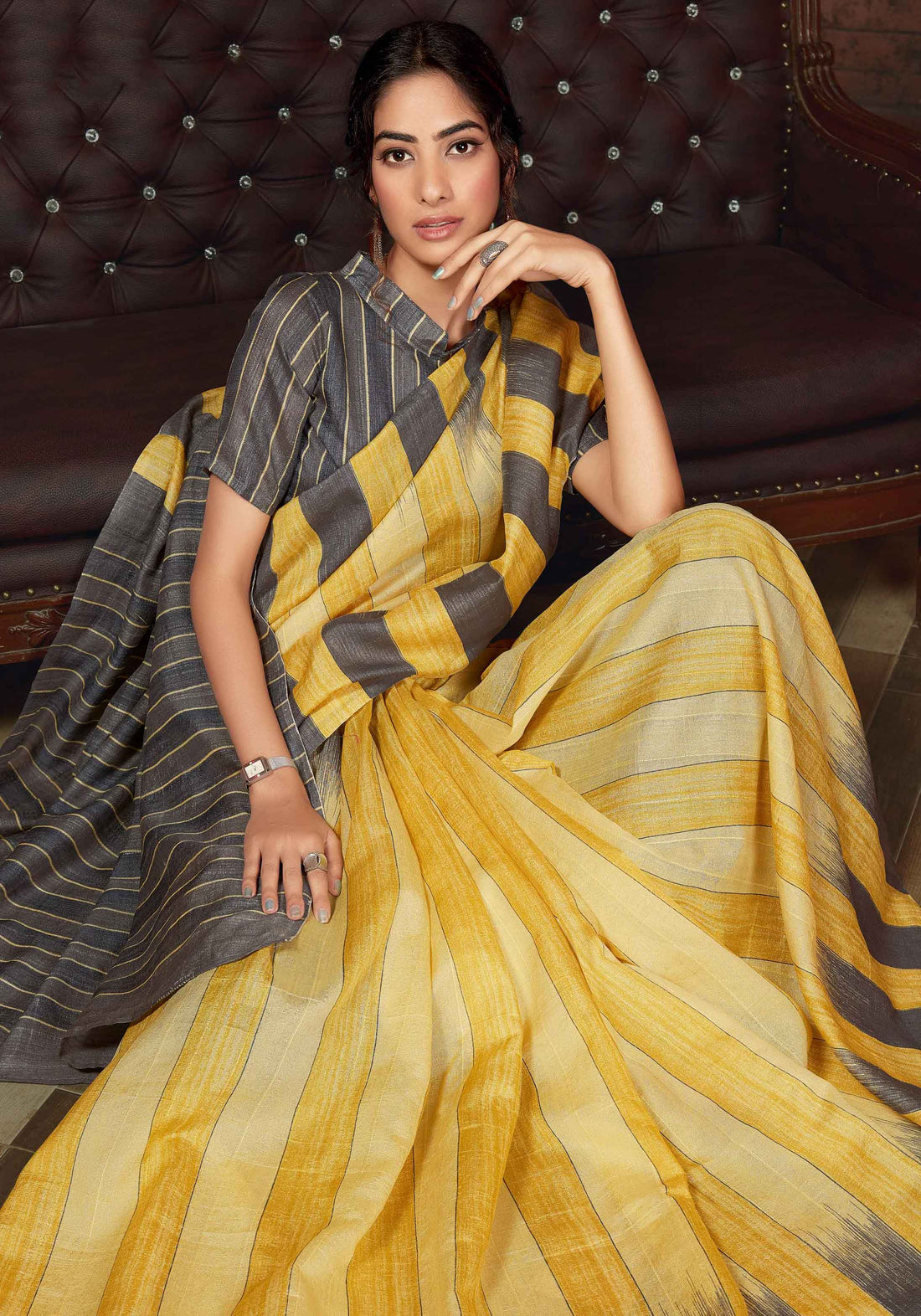 Grey With Light Yellow Color Uniform Saree - U04