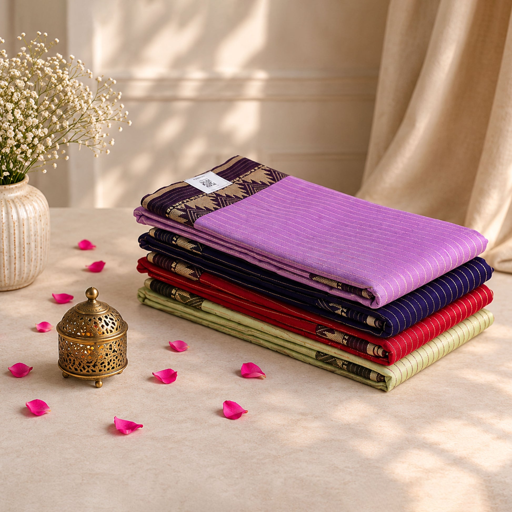 Mangalagiri Cotton Saree Collection  Striped Patterns And Traditional Temple Motif Borders Available in Assorted Colour Variants