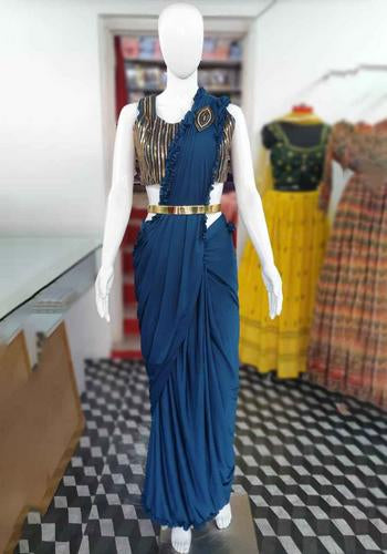 Deep Pre-Draped Ready To Wear Fancy Saree with Embellished Blouse & Statement Belt - Teal