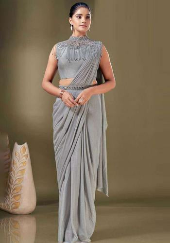 Grey Colour Ready To Wear Fancy Saree
