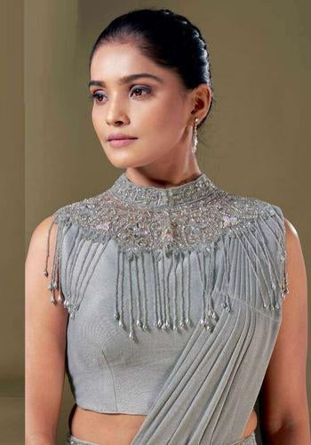 Grey Colour Ready To Wear Fancy Saree