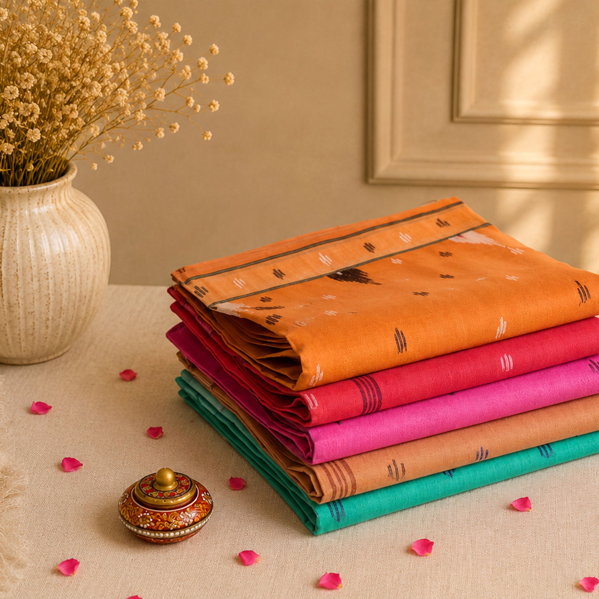 Bengal Cotton Saree Collection With Traditional Woven Motifs And Contrast Borders Folded Front View