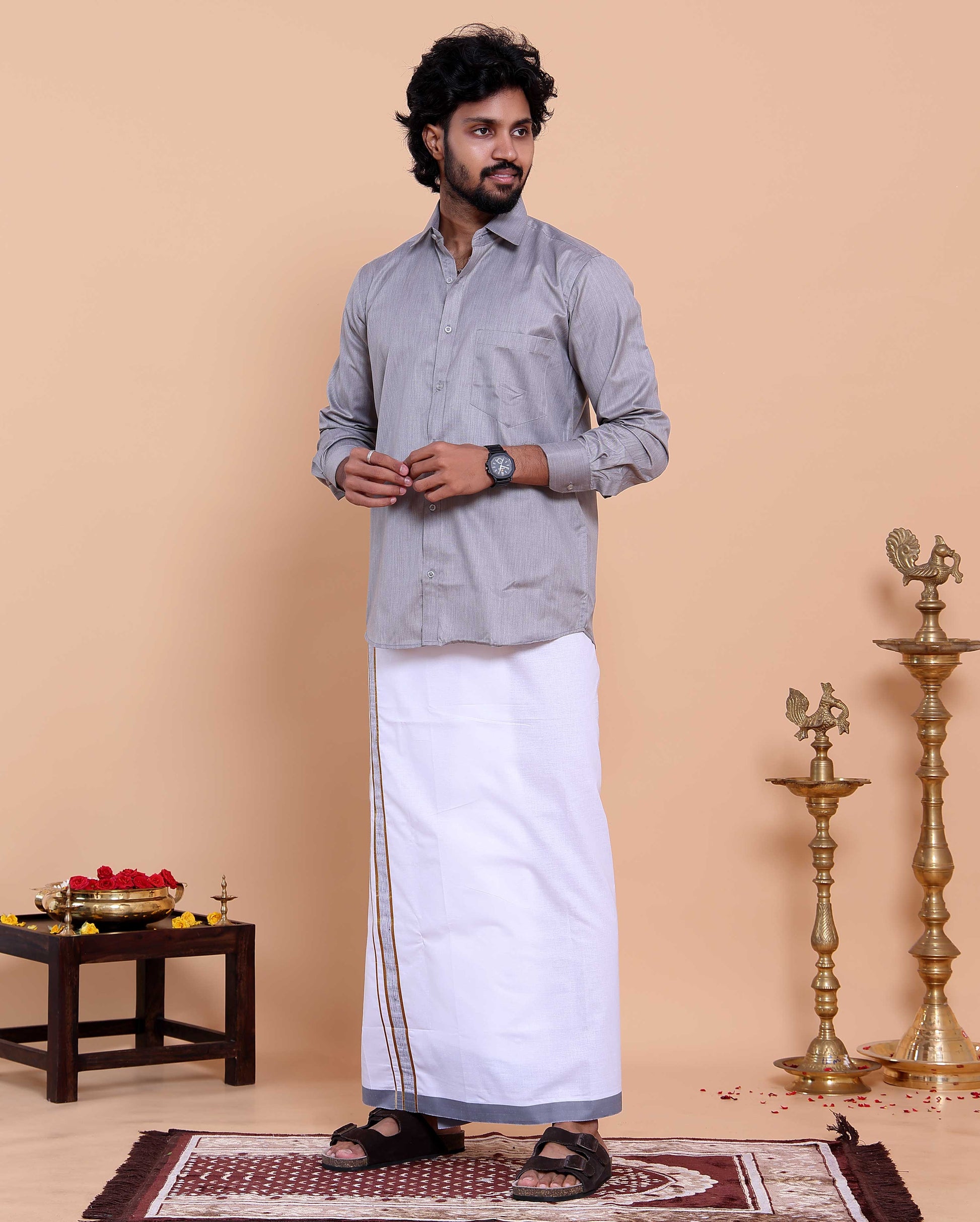 elegant-mens-ethnic-full-sleeve-shirt-dhoti-set-with-traditional-border-grey-shirt
