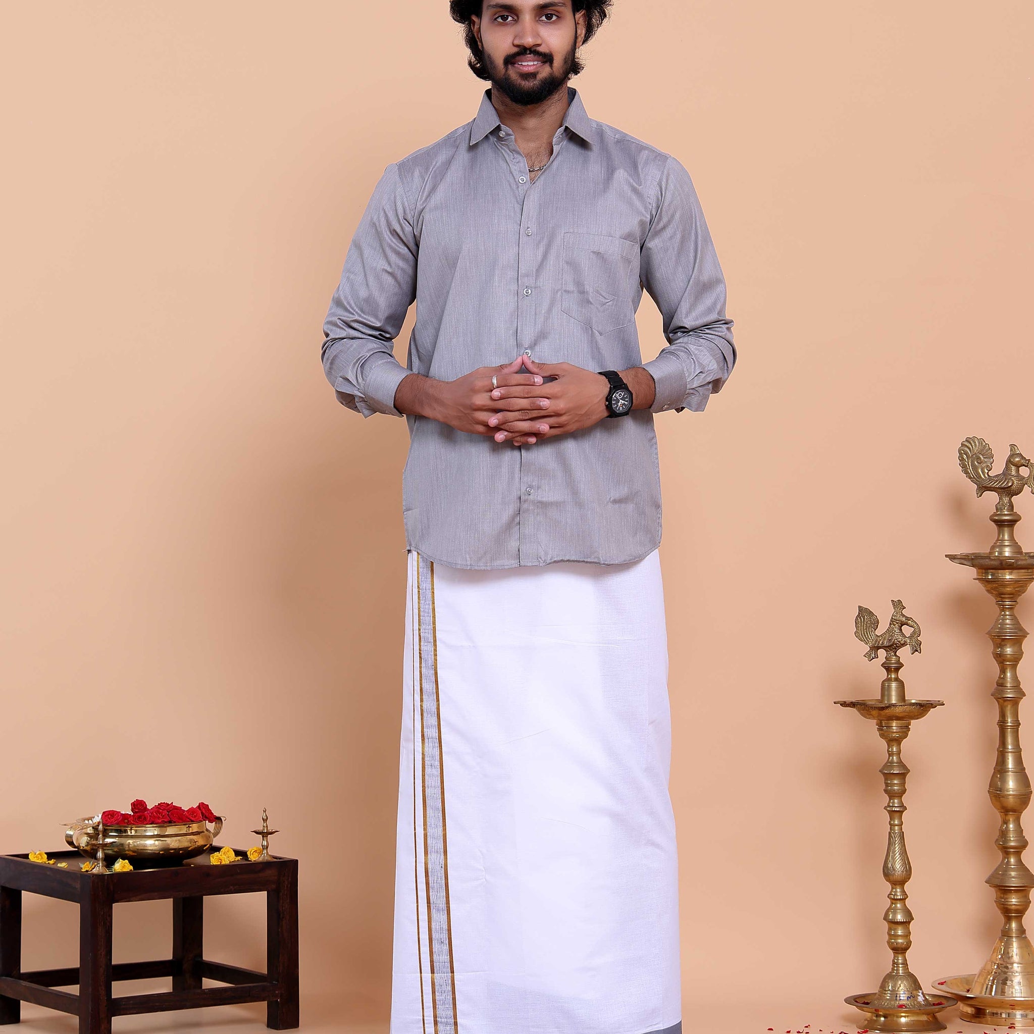 elegant-mens-ethnic-full-sleeve-shirt-dhoti-set-with-traditional-border-grey-shirt