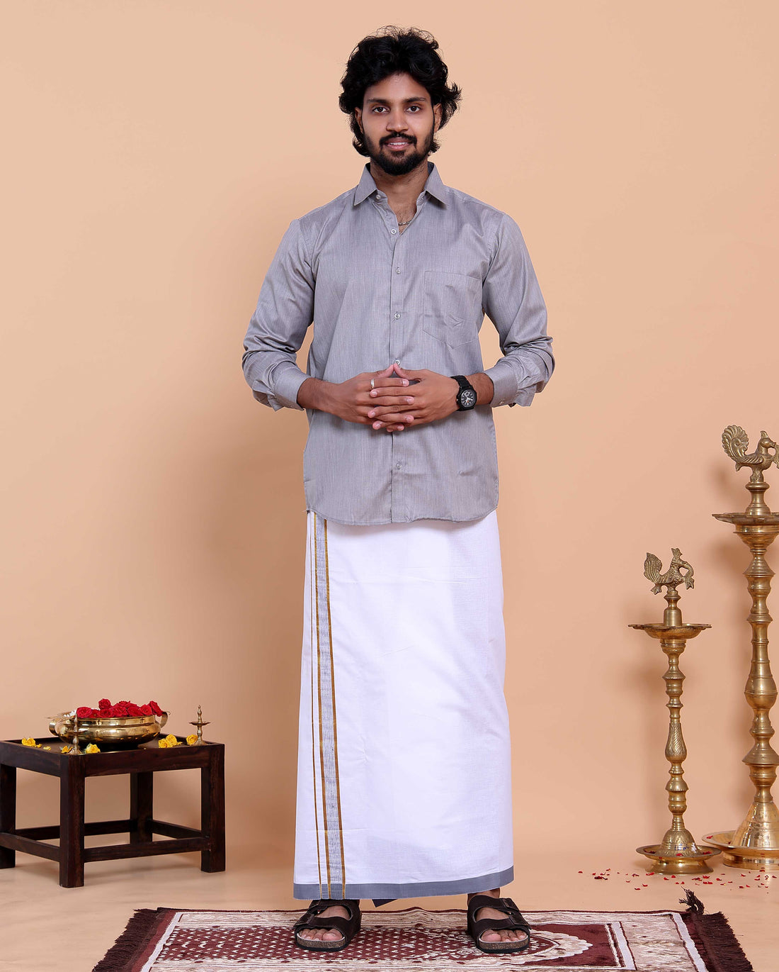 elegant-mens-ethnic-full-sleeve-shirt-dhoti-set-with-traditional-border-grey-shirt