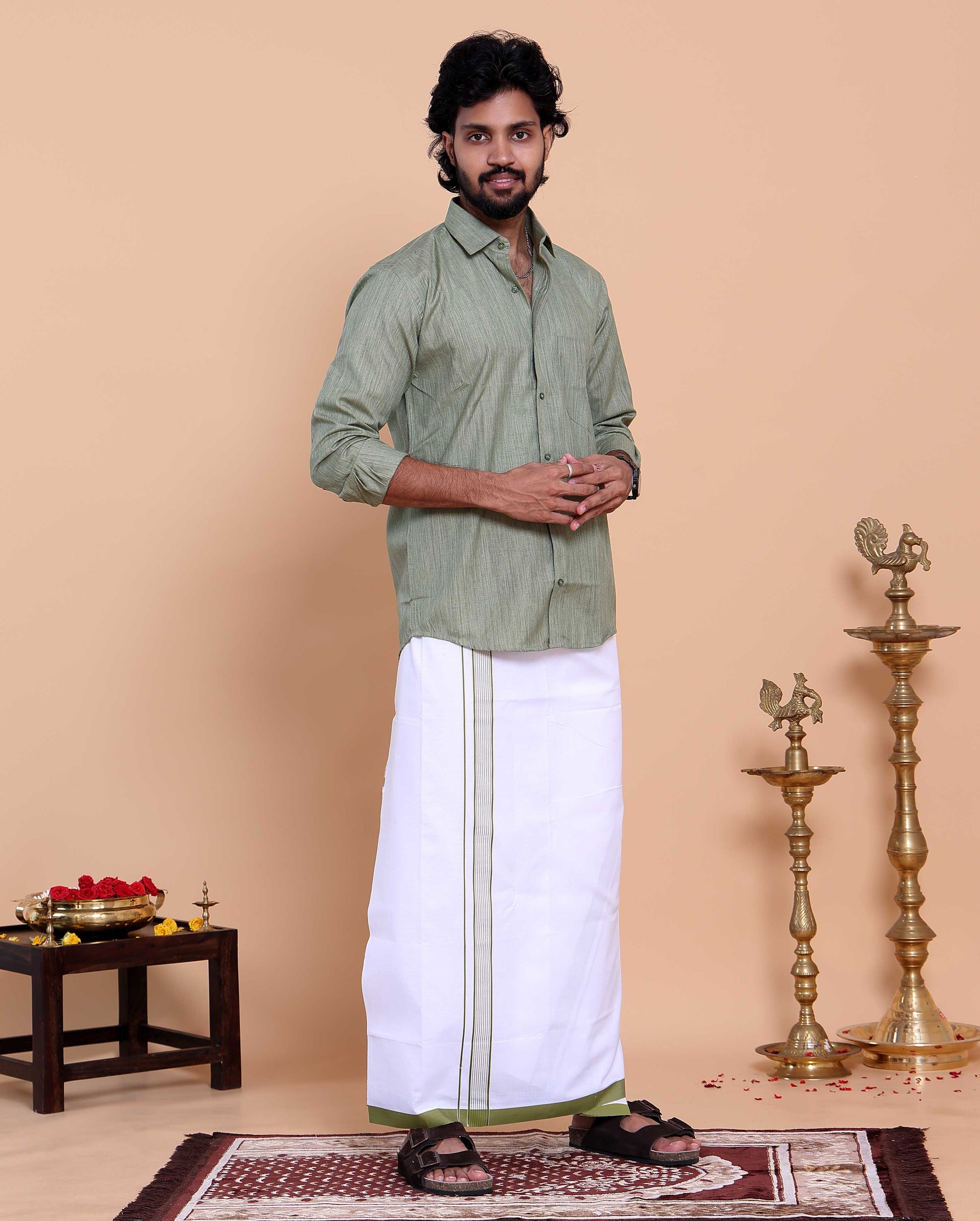 elegant-mens-ethnic-full-sleeve-shirt-dhoti-set-with-traditional-border-light-green-shirt