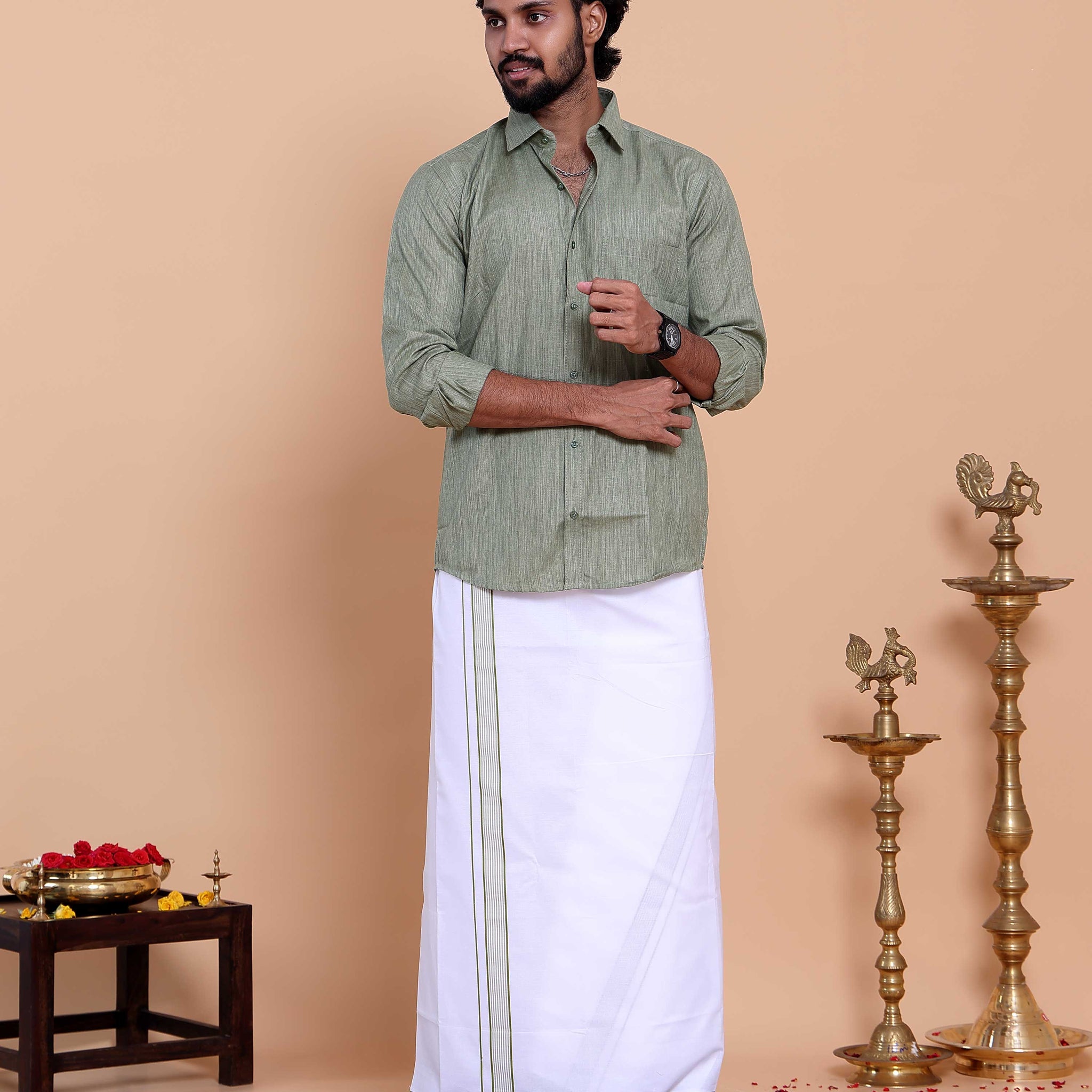 elegant-mens-ethnic-full-sleeve-shirt-dhoti-set-with-traditional-border-light-green-shirt