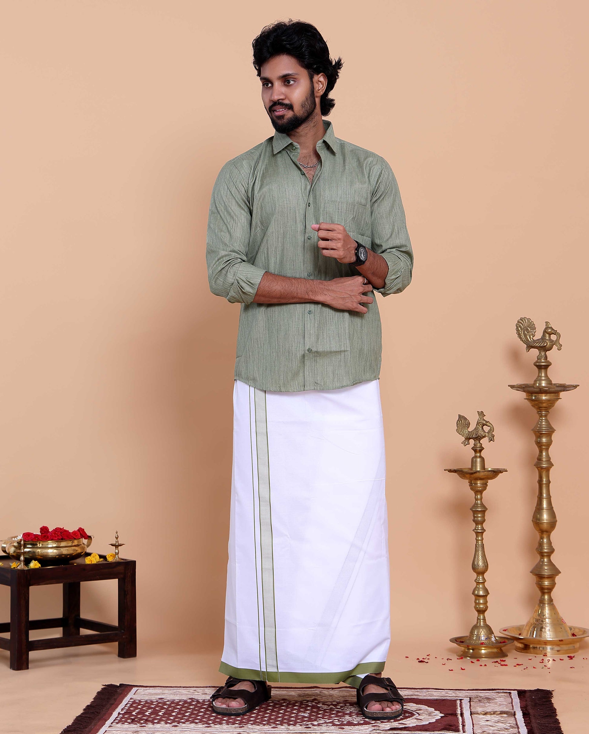elegant-mens-ethnic-full-sleeve-shirt-dhoti-set-with-traditional-border-light-green-shirt