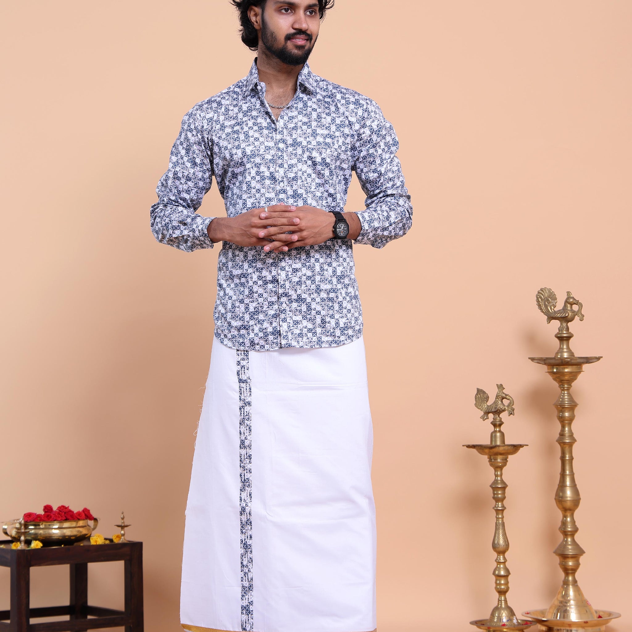 elegant-mens-ethnic-half-sleeve-shirt-dhoti-set-with-traditional-border-blue-One