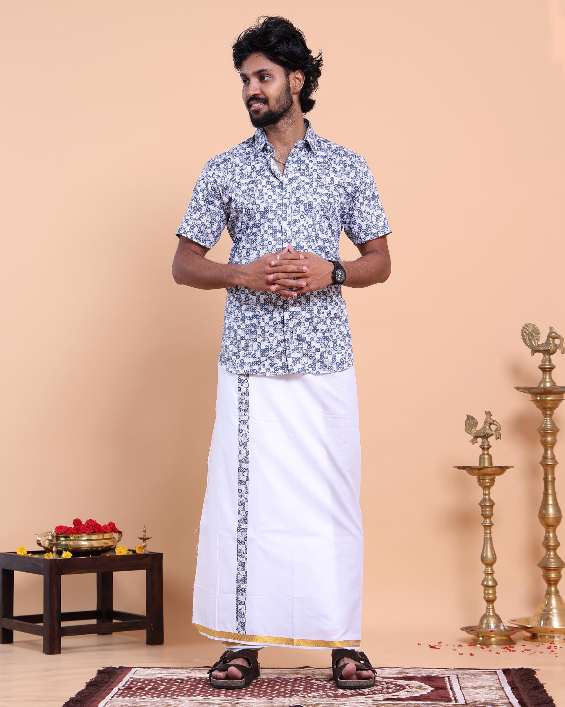elegant-mens-ethnic-half-sleeve-shirt-dhoti-set-with-traditional-border-blue